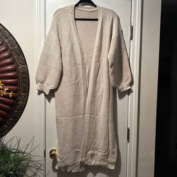 🍂New Khaki Solid Knit Longline Open Front Bishop Sleeve Split Hem Cardigan Med - Picture 5 of 16